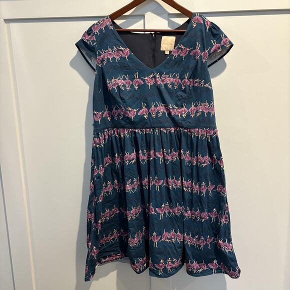 ModCloth Dress Womens 2X Teal Ballerina Print Fit & Flare V Neck Lined Zip Back - Picture 1 of 16